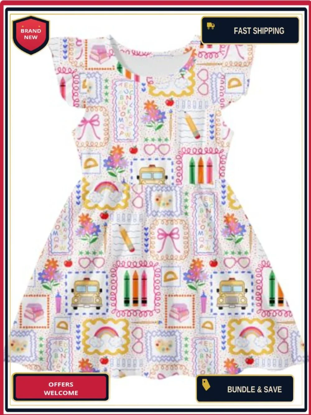 Ruffle Sleeve A-Line Dress for Girls, School Outfit, 95% Polyester 5% Spandex,